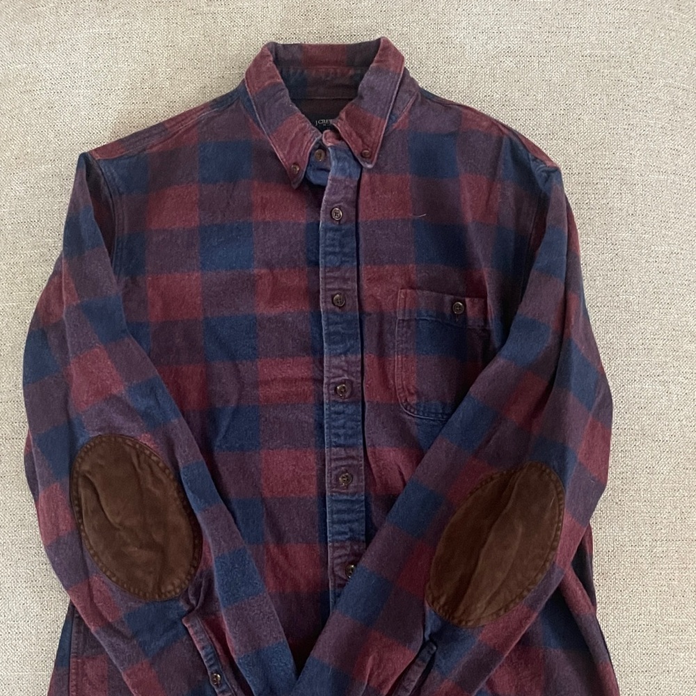 J. Crew Factory Burgundy and Navy Plaid Shirt with Brown Elbow Patches